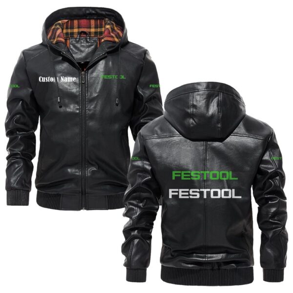 Custom Name Festool PU Leather Hooded Jacket - Personalized Logo Car Motorcycle Model
