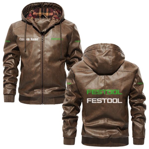 Custom Name Festool PU Leather Hooded Jacket - Personalized Logo Car Motorcycle Model - Image 3