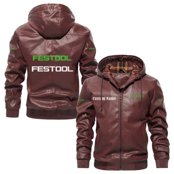 Custom Name Festool PU Leather Hooded Jacket - Personalized Logo Car Motorcycle Model - Image 2