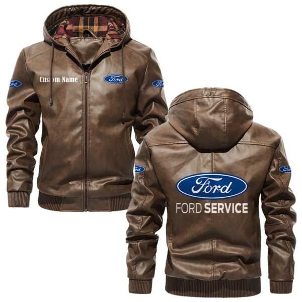 Custom Name Ford PU Leather Hooded Jacket - Personalized Logo Car Motorcycle Model - Image 3