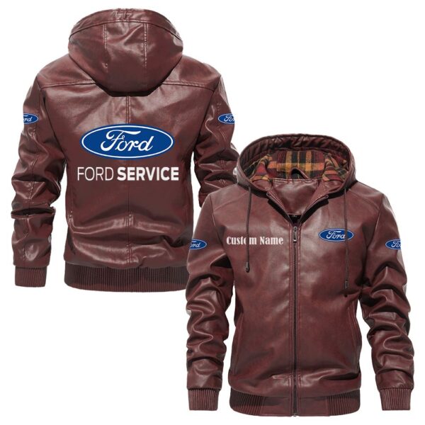 Custom Name Ford PU Leather Hooded Jacket - Personalized Logo Car Motorcycle Model - Image 2