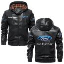 Custom Name Ford Motor Company PU Leather Hooded Jacket - Personalized Logo Car Motorcycle Model