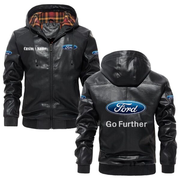 Custom Name Ford Motor Company PU Leather Hooded Jacket - Personalized Logo Car Motorcycle Model