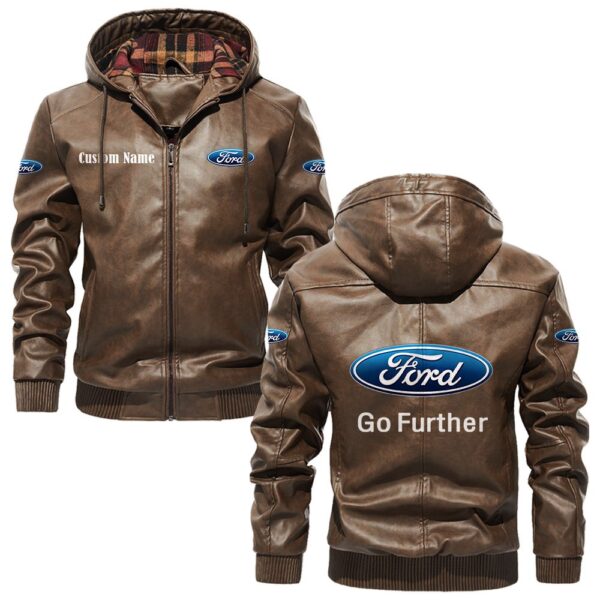 Custom Name Ford Motor Company PU Leather Hooded Jacket - Personalized Logo Car Motorcycle Model - Image 3