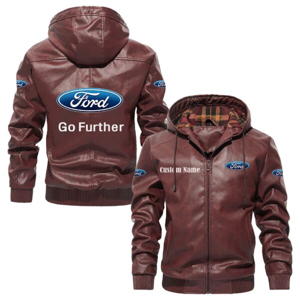 Custom Name Ford Motor Company PU Leather Hooded Jacket - Personalized Logo Car Motorcycle Model - Image 2