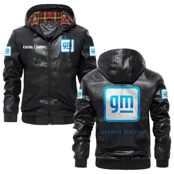 Custom Name General Motors PU Leather Hooded Jacket - Personalized Logo Car Motorcycle Model