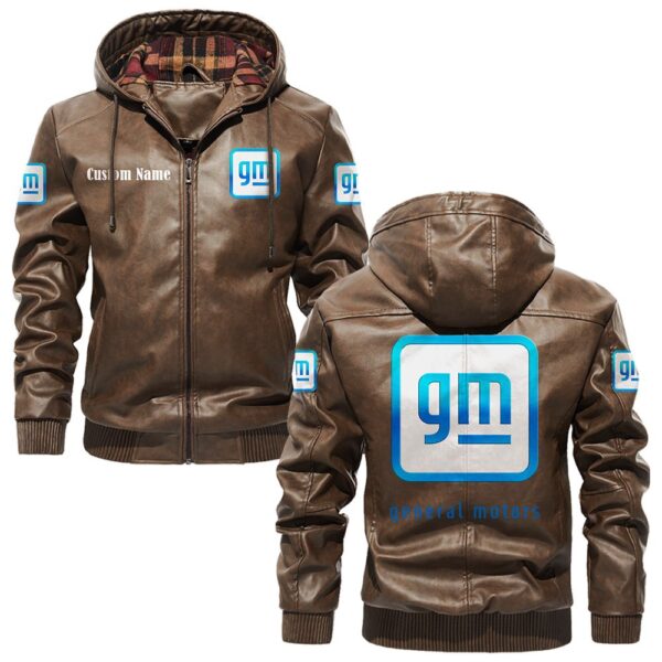 Custom Name General Motors PU Leather Hooded Jacket - Personalized Logo Car Motorcycle Model - Image 3