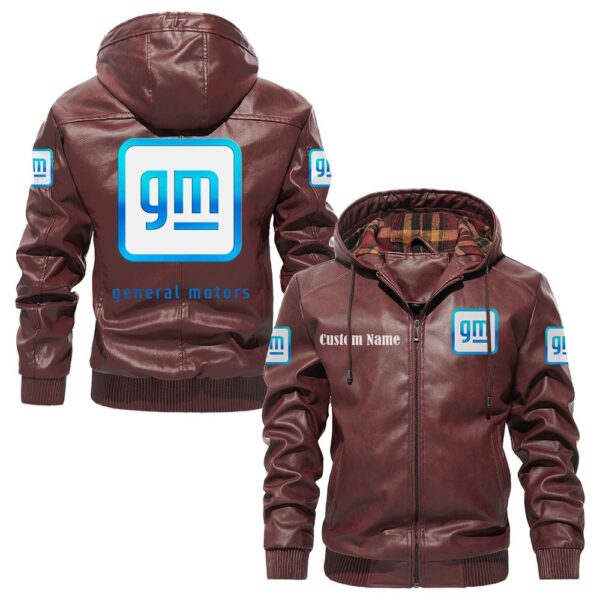 Custom Name General Motors PU Leather Hooded Jacket - Personalized Logo Car Motorcycle Model - Image 2