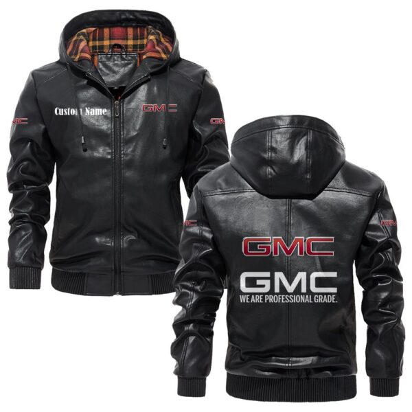 Custom Name Gmc PU Leather Hooded Jacket - Personalized Logo Car Motorcycle Model