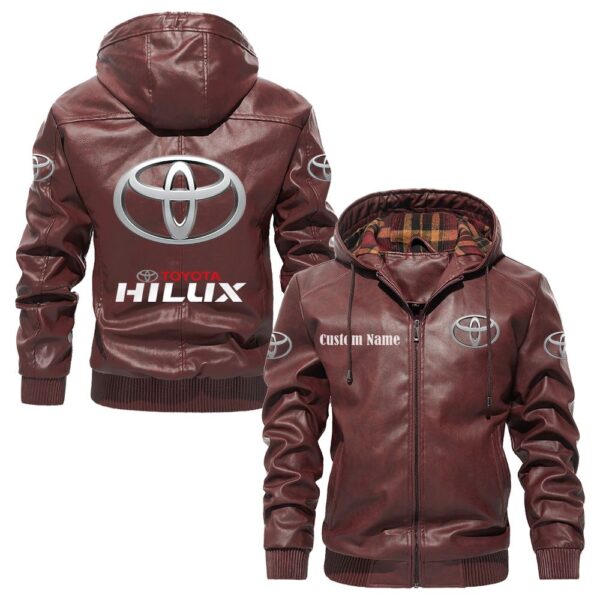 Custom Name Hilux PU Leather Hooded Jacket - Personalized Logo Car Motorcycle Model - Image 2