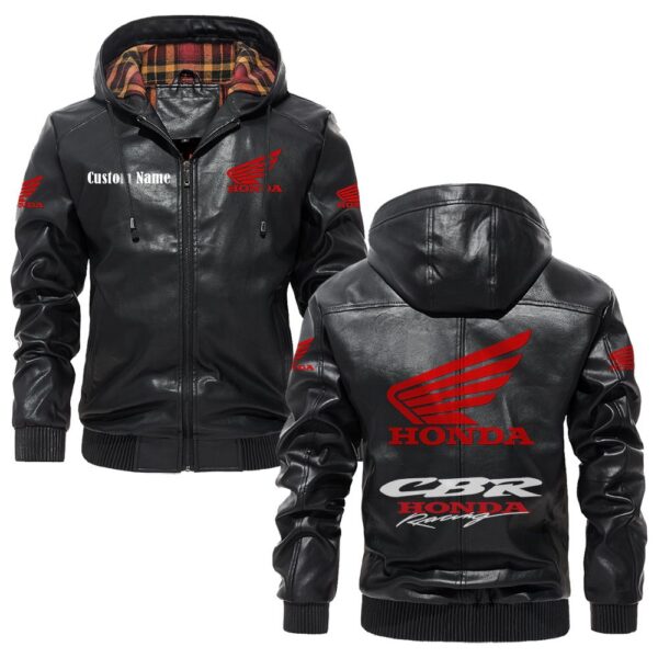 Custom Name Honda Cbr PU Leather Hooded Jacket - Personalized Logo Car Motorcycle Model