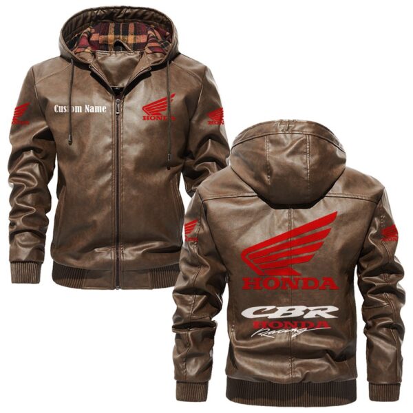 Custom Name Honda Cbr PU Leather Hooded Jacket - Personalized Logo Car Motorcycle Model - Image 3