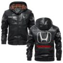 Custom Name Honda PU Leather Hooded Jacket - Personalized Logo Car Motorcycle Model