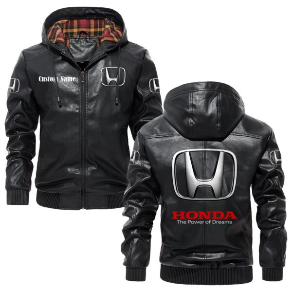 Custom Name Honda PU Leather Hooded Jacket - Personalized Logo Car Motorcycle Model