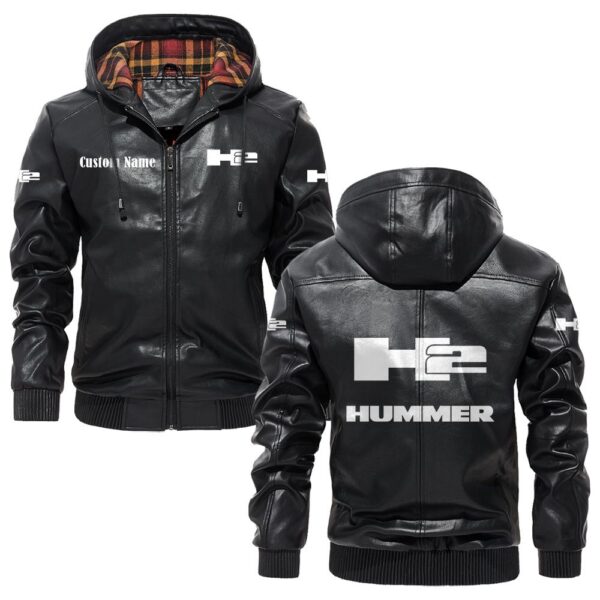 Custom Name Hummer H2 PU Leather Hooded Jacket - Personalized Logo Car Motorcycle Model