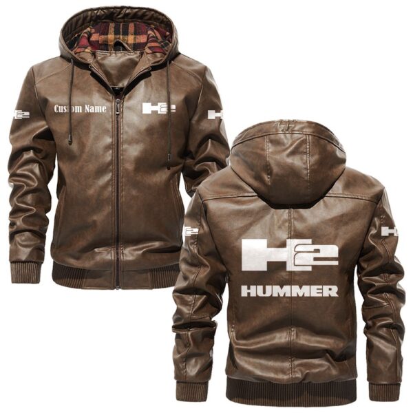 Custom Name Hummer H2 PU Leather Hooded Jacket - Personalized Logo Car Motorcycle Model - Image 3