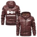 Custom Name Hummer H2 PU Leather Hooded Jacket - Personalized Logo Car Motorcycle Model