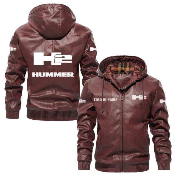 Custom Name Hummer H2 PU Leather Hooded Jacket - Personalized Logo Car Motorcycle Model - Image 2