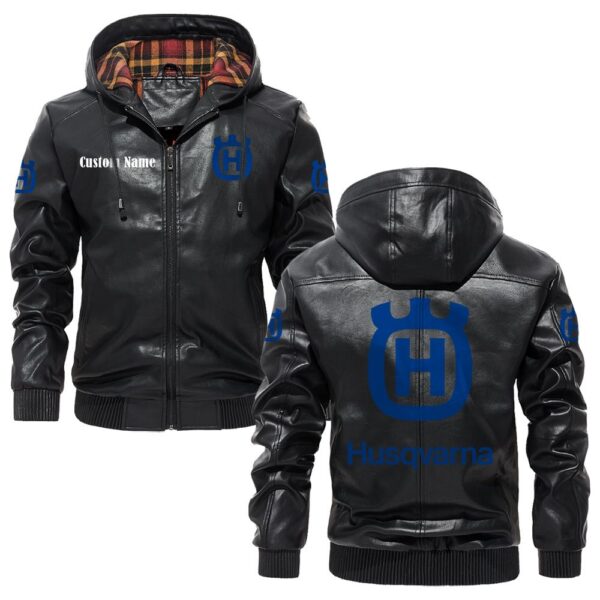 Custom Name Husqvarna PU Leather Hooded Jacket - Personalized Logo Car Motorcycle Model