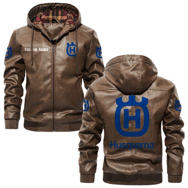 Custom Name Husqvarna PU Leather Hooded Jacket - Personalized Logo Car Motorcycle Model - Image 3