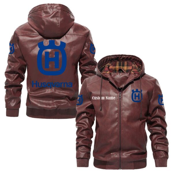 Custom Name Husqvarna PU Leather Hooded Jacket - Personalized Logo Car Motorcycle Model - Image 2