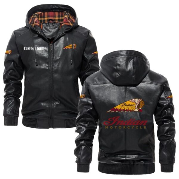 Custom Name Indian Motorcycle PU Leather Hooded Jacket - Personalized Logo Car Motorcycle Model