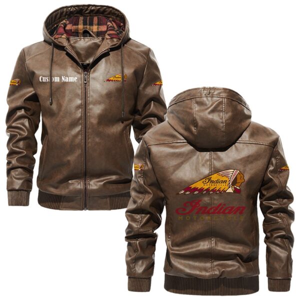 Custom Name Indian Motorcycle PU Leather Hooded Jacket - Personalized Logo Car Motorcycle Model - Image 3