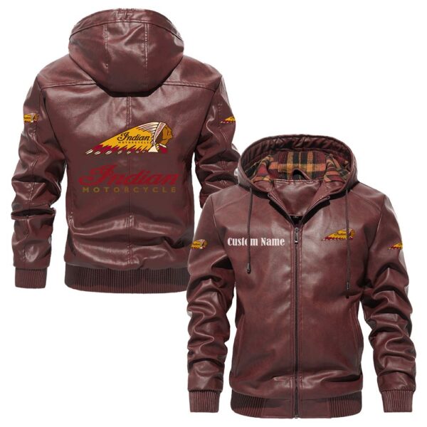 Custom Name Indian Motorcycle PU Leather Hooded Jacket - Personalized Logo Car Motorcycle Model - Image 2