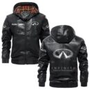Custom Name Infiniti PU Leather Hooded Jacket - Personalized Logo Car Motorcycle Model