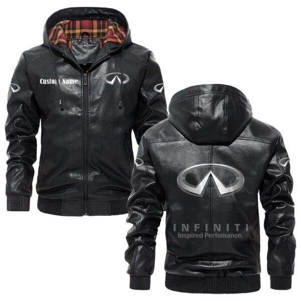Custom Name Infiniti PU Leather Hooded Jacket - Personalized Logo Car Motorcycle Model