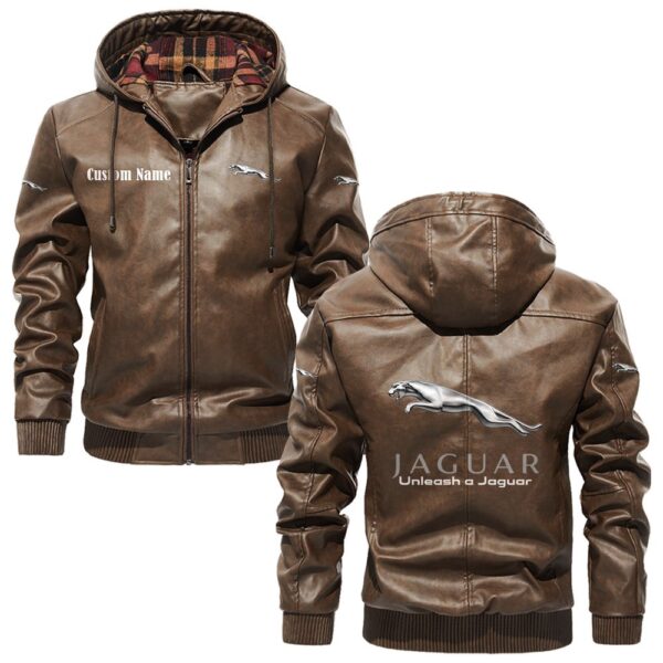 Custom Name Jaguar Cars PU Leather Hooded Jacket - Personalized Logo Car Motorcycle Model - Image 3