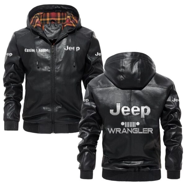 Custom Name Jeep Wrangler PU Leather Hooded Jacket - Personalized Logo Car Motorcycle Model