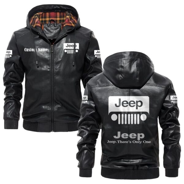 Custom Name Jeep PU Leather Hooded Jacket - Personalized Logo Car Motorcycle Model