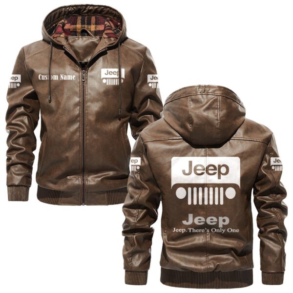 Custom Name Jeep PU Leather Hooded Jacket - Personalized Logo Car Motorcycle Model - Image 3