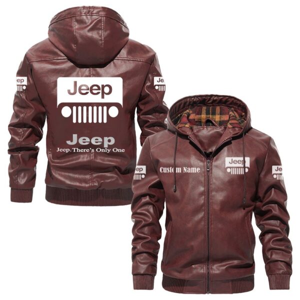 Custom Name Jeep PU Leather Hooded Jacket - Personalized Logo Car Motorcycle Model - Image 2