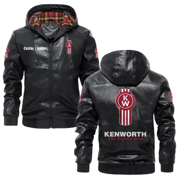 Custom Name Kenworth PU Leather Hooded Jacket - Personalized Logo Car Motorcycle Model