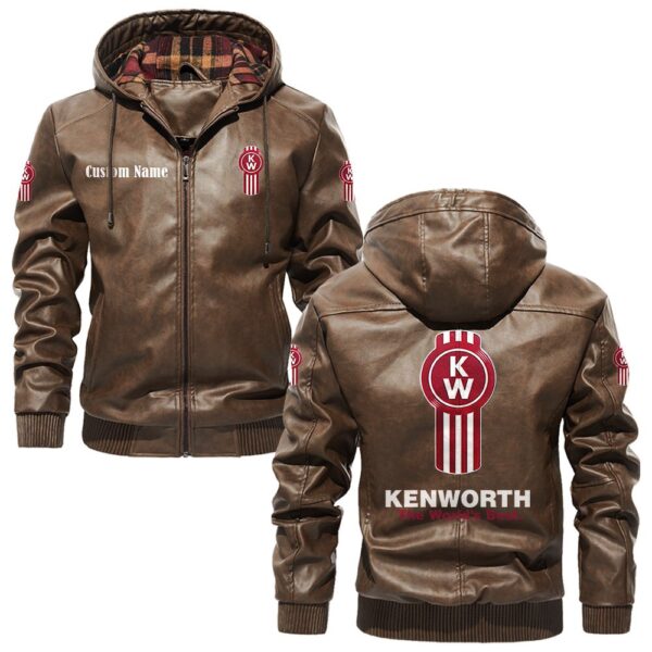 Custom Name Kenworth PU Leather Hooded Jacket - Personalized Logo Car Motorcycle Model - Image 3