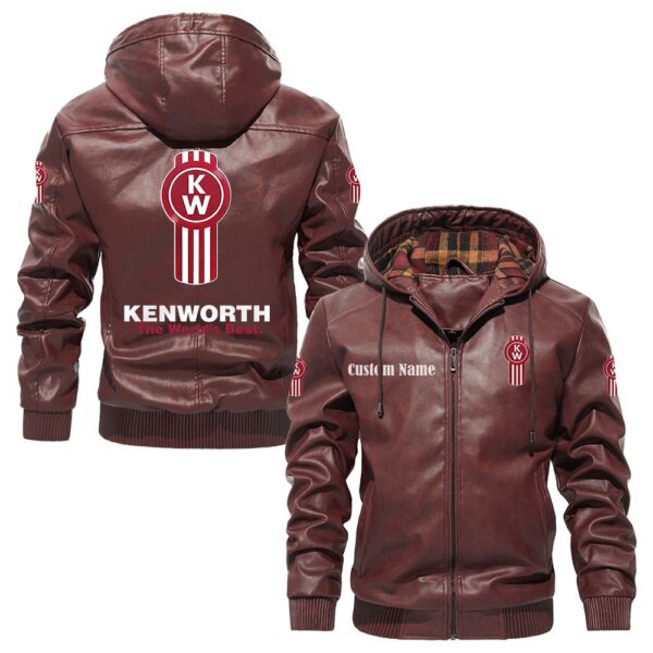 Custom Name Kenworth PU Leather Hooded Jacket - Personalized Logo Car Motorcycle Model - Image 2