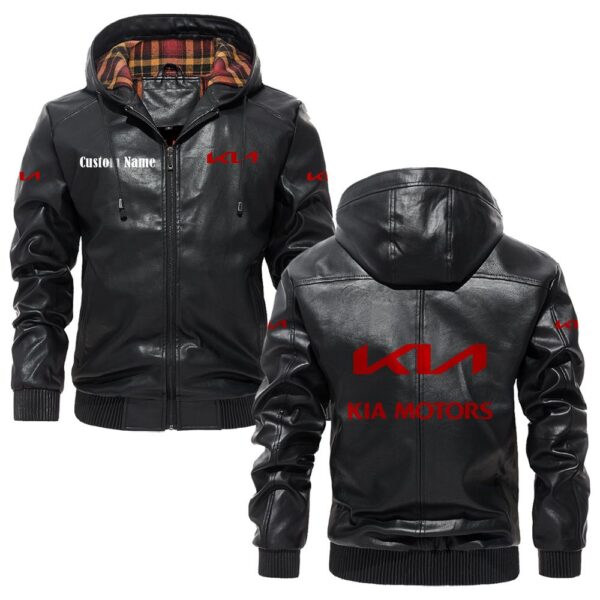 Custom Name Kia PU Leather Hooded Jacket - Personalized Logo Car Motorcycle Model