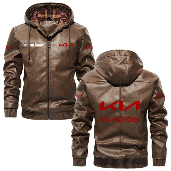 Custom Name Kia PU Leather Hooded Jacket - Personalized Logo Car Motorcycle Model - Image 3