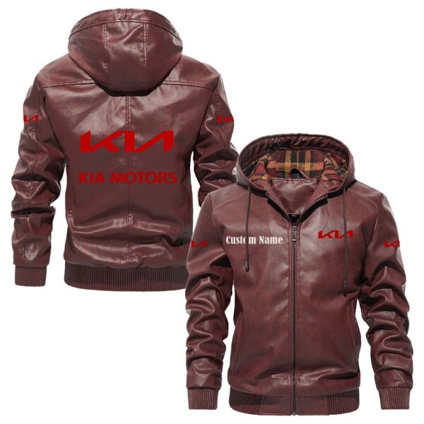 Custom Name Kia PU Leather Hooded Jacket - Personalized Logo Car Motorcycle Model - Image 2