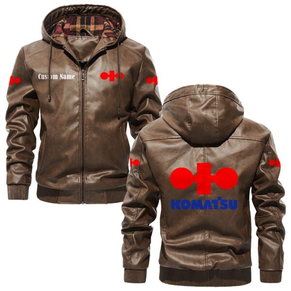 Custom Name Komatsu PU Leather Hooded Jacket - Personalized Logo Car Motorcycle Model - Image 3