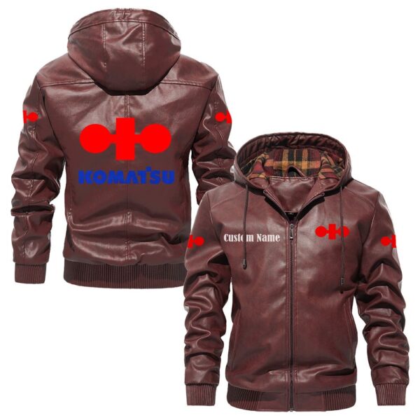 Custom Name Komatsu PU Leather Hooded Jacket - Personalized Logo Car Motorcycle Model - Image 2