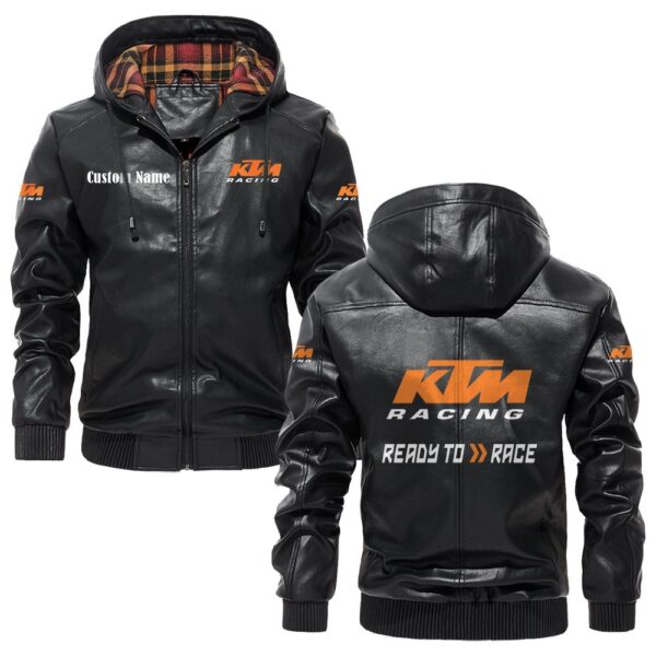 Custom Name Ktm PU Leather Hooded Jacket - Personalized Logo Car Motorcycle Model
