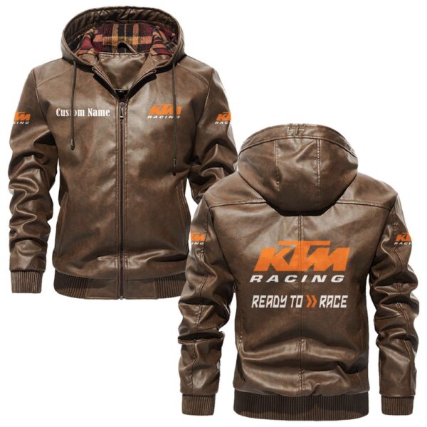 Custom Name Ktm PU Leather Hooded Jacket - Personalized Logo Car Motorcycle Model - Image 3