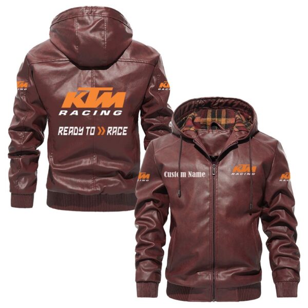 Custom Name Ktm PU Leather Hooded Jacket - Personalized Logo Car Motorcycle Model - Image 2