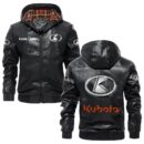 Custom Name Kubota PU Leather Hooded Jacket - Personalized Logo Car Motorcycle Model