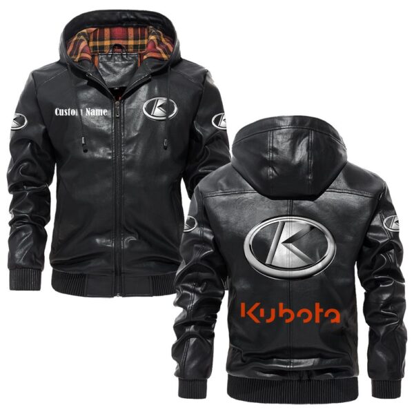 Custom Name Kubota PU Leather Hooded Jacket - Personalized Logo Car Motorcycle Model