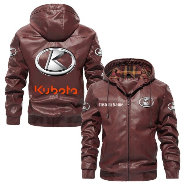 Custom Name Kubota PU Leather Hooded Jacket - Personalized Logo Car Motorcycle Model - Image 2