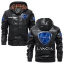 Custom Name Lancia PU Leather Hooded Jacket - Personalized Logo Car Motorcycle Model